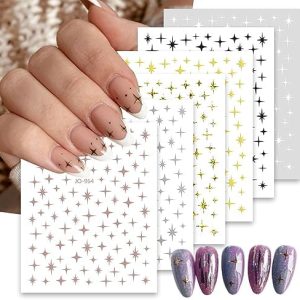 6 Sheets Silver Star Nail Art Stickers Decals 3D Stars Self-Adhesive Laser Gold Black White Nail Stickers with 4 Point Rose Gold Stars Nail Designs Nail Art Supplies for Women Girl Nail Decorations