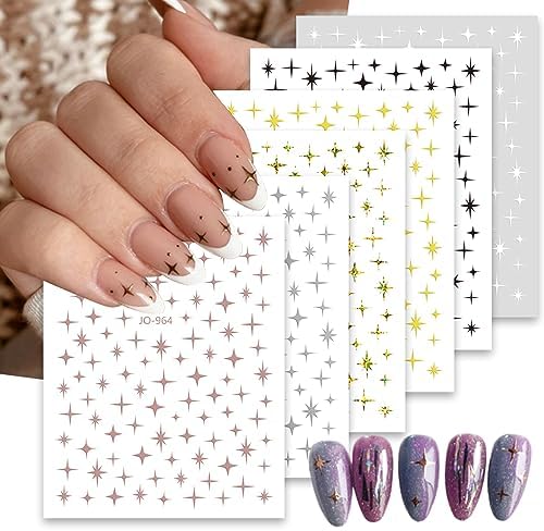 6 Sheets Silver Star Nail Art Stickers Decals 3D Stars Self-Adhesive Laser Gold Black White Nail Stickers with 4 Point Rose Gold Stars Nail Designs Nail Art Supplies for Women Girl Nail Decorations