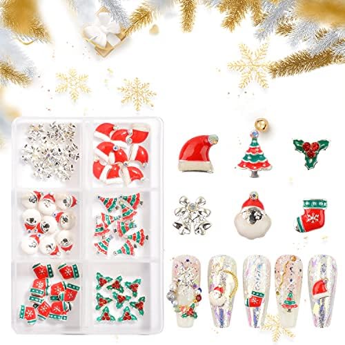 60 Pcs Christmas Nail Rhinestone Sliver Nail Charms Santa Snowflakes Trees Hat Snowman for Acrylic Nails Gems Rhinestone with Box Nail Art Charms Nail Christmas Decorations