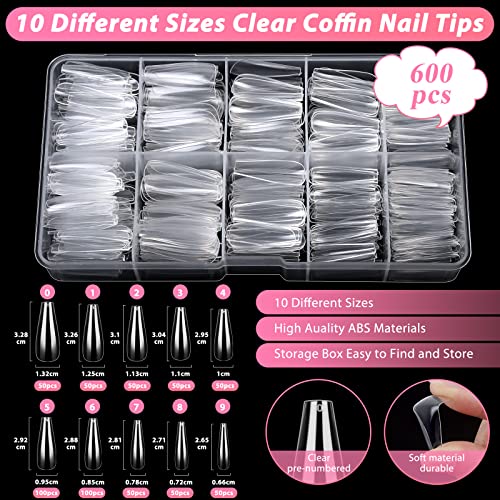 600PCS Clear Coffin Nail Tips Set Qinzave Clear Acrylic Nail Tips with Nail Glue Clear Coffin Nails Tip Full Cover with Nail Display Stand, Cuticle Nail Pusher Remover, Nail Clipper Nail Files Buffer - Image 2