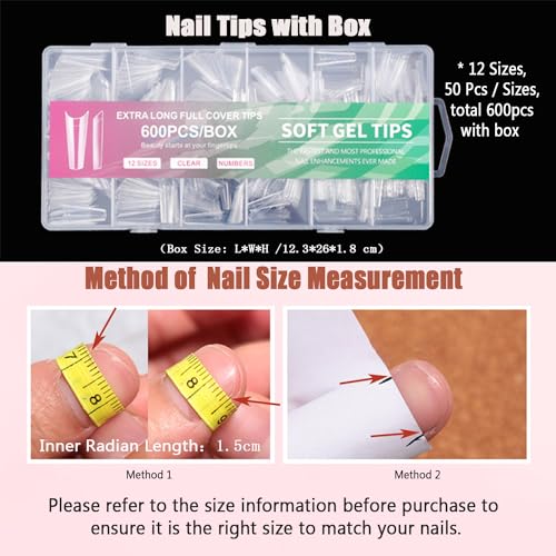 600Pcs Clear No C Curve Coffin Nail Tips, 12 Sizes Pre Shaped Extra Long XL Press on Nail Tips Half Cover Acrylic Soft Gel Nail Tips for Nail Extension Home DIY Nail Salon with green Box - Image 3