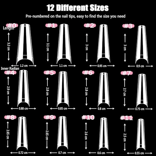 600Pcs Clear No C Curve Coffin Nail Tips, 12 Sizes Pre Shaped Extra Long XL Press on Nail Tips Half Cover Acrylic Soft Gel Nail Tips for Nail Extension Home DIY Nail Salon with green Box - Image 2