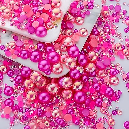 60g Peach Pink Pearls Rhinestones for Crafts Mixed Size 3mm-10mm AB Color Round Half Pearls Flatback Pearl Beads and Resin Rhinestones Set for Face Art with Gel