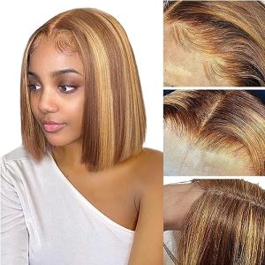 Ombre Highlight Bob Wig Human Hair 13x4 Frontal Lace Wig 4/27 Glueless Wigs Human Hair Pre Plucked 150 Density Honey Blonde Short Bob Wigs for Black Women 8 Inch
