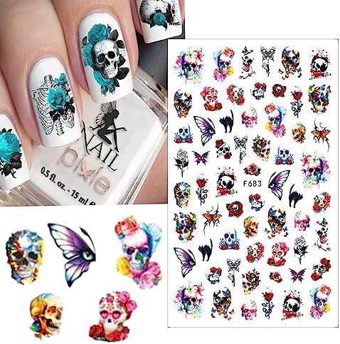 6 Sheets Black White Halloween Nail Art Horror Ghost Nail Decals 3D Self-Adhesive Scary Evil Clown Pumpkin Spider Skull Witch Flower Moon Nail Supplies Nail Art Design Decoration Accessories - Image 2