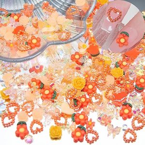 300Pcs Orange Assorted Nail Charms Multi Shapes Orange Heart Flower Butterfly Bow 3D Nail Charms Acrylic Flatback Nail Art Rhinestones Charms for Manicure DIY Crafts Jewelry Accessories