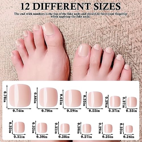 LuckForever Short Press on Toenails 240pc Glossy Nude Skin Press on Toenails Short Square Fake Toe nails Full Cover 10 Nail Adhesive Tabs,Small Wooden Sticks & Nail Files False Toenails for Women - Image 2