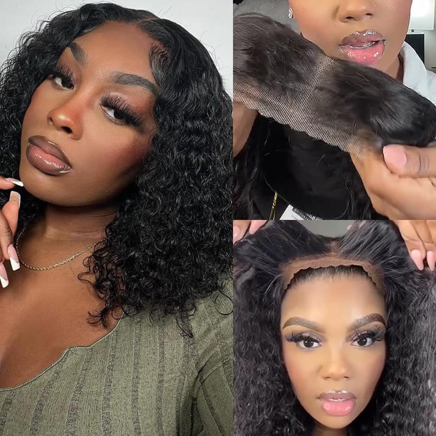 Wear and Go Glueless Wigs Human Hair Pre Plucked Pre Cut for Beginners Deep Wave Bob Wig Human Hair Lace Front Wigs for Black Women Upgraded No Glue Curly 4x4 HD Lace Closure Wigs Human Hair 12 Inch - Image 2