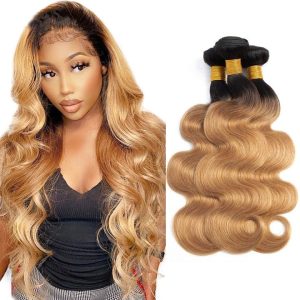 1b/27 Ombre Honey Blonde Brazilian Virgin Human Hair Body Wave 3 Pack 22 Inch Bundles