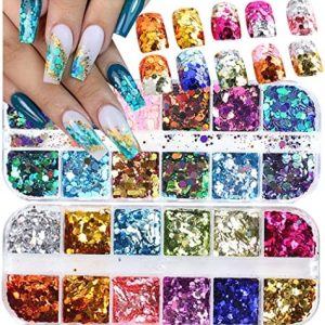 2 Boxes 24 Colors Holographic Glitter Nail Art Sequins for DIY Manicure Decorations