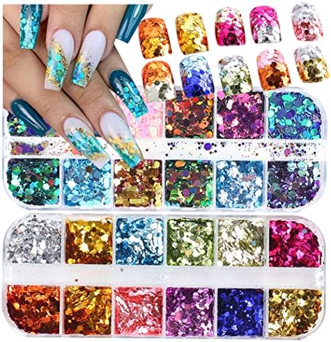 2 Boxes 24 Colors Holographic Glitter Nail Art Sequins for DIY Manicure Decorations