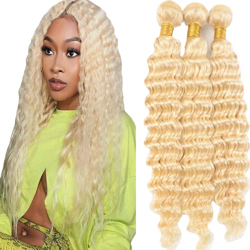 613 Blonde Deep Wave Bundles Human Hair Honey Blonde Bundles 10 10 10 Inch Double Weft Weave Extensions Hair 8A Grade 613 Deep Wave Bundles Human Hair for Women