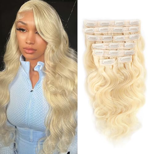 613 Clip In Hair Extensions Real Human Hair 14 Inch Body Wave Hair Extensions Clip ins for Women 8Pcs Blonde Clip in Human Hair Extension with 20 Clips