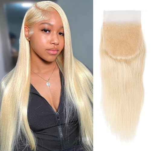 613 Closure Human Hair Straight 5x5 HD Lace Closure Blonde Closure 12A Free Part Closure Natural Hairline with Baby Hair 100% Russian Blonde Virgin Remy Human Hair 150% Density 22 Inch
