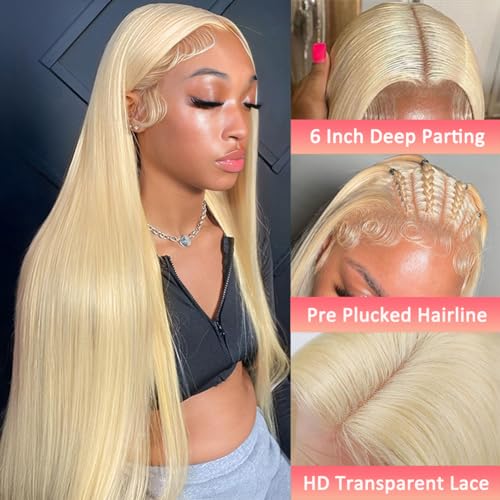 613 Lace Front Wig Human Hair 13x6 Transparent Lace Straight Blonde Lace Front Wigs Human Hair 613 HD Lace Frontal Wig 180% Density Pre Plucked with Baby Hair Blonde Wig Human Hair 32 Inch - Image 2