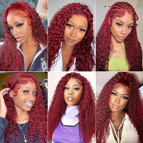 99j Burgundy Deep Wave Lace Front Wigs Human Hair 13x4 180% Density Transparent Lace Frontal Wigs Curly Wigs for Women Red Curly Wigs Pre Plucked with Baby Hair 99j Lace Front Human Hair Wigs (26inch) - Image 3