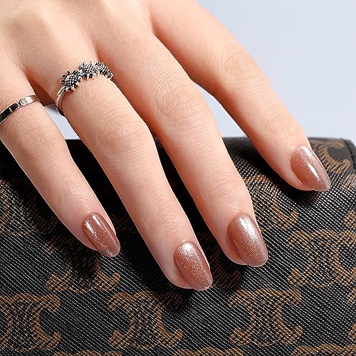 Short Almond Cat Eye Press-On Nails Kit 24 Tips Medium Size Glue File Prep Pad Included - Image 4