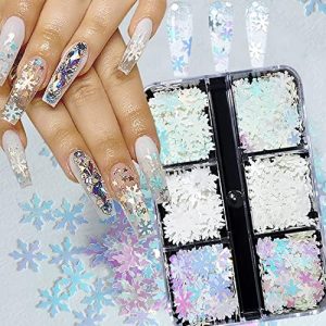 Snowflake Nail Art Glitters 3D Winter Snowflakes Nail Sequins Holographic Winter Christmas Glitter Sequins Nail Art Decorations Snowflakes Nail Stickers Decals Design for Women Girls DIY Xmas 6 Sheets
