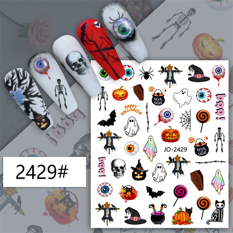 Halloween Nail Art Stickers Decals, 3D Self-Adhesive Nail Decals Halloween Nail Art Supplies Horror Eyes Hand Skull Nail Designs Pumpkin Nail Stickers for Women Girls DIY Nail Art Decoration 6 Sheets - Image 2