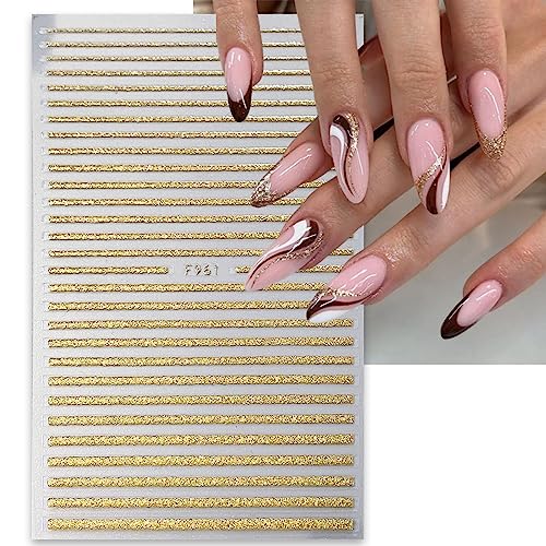 5 Sheets Glitter Lines Nail Stickers Metallic Curve Lines Nail Decals Simple French Nail Art Supplies 3D Self-Adhesive Holographic Wave Lines Nail Art Design Accessories for Women Girls DIY Manicure - Image 4