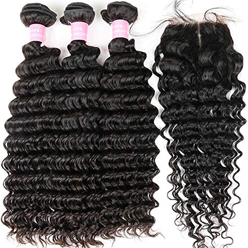Brazilian 9A Deep Wave 3 Bundles with Closure Virgin Human Hair Bundles with 4x4 Middle Part Closure Unprocessed Virgin Human Hair Natural for Black Women(20 22 24+18) - Image 6