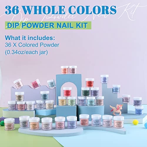 Lavender Violets 36 Colors Dip Nails Powder Starter Kit Purple Pink Green Blue Orange and Red Glitter Acrylic Dipping Nail Powder Set for Beginners and Professionals Dip Manicure DIY M957