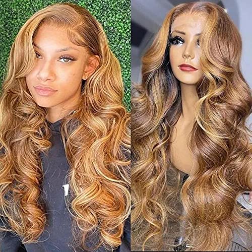 UNICE 12A Ombre Highlight 13x4 Lace Front Human Hair Wig 180% Density Body Wave Brown Blonde #TL412 Color, Brazilian Remy Hair Lace Frontal Wig Pre Plucked with Baby Hair for Women 14inch - Image 3