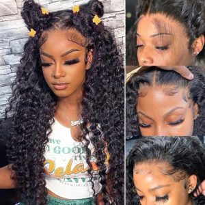 QTHAIR 14A Deep Wave Lace Front Wigs Human Hair 150% Density 13x4 HD Trasparent Lace Frontal Wigs Human Hair 100% Human Hair Deep Curly Lace Frontal Wigs Human Hair Natural Color (18 Inch)