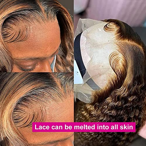 haha Black Brown Highlight Curly Lace Front Wig Human Hair Water Wave Ombre Lace Front Wig Pre Plucked 13x6x1 T Part Lace Frontal Wig Colored Honey Blonde 150% Density #FB30 Glueless 26 Inch - Image 4