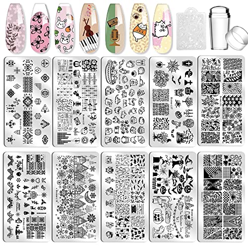 Nail Art Stamping Plate Kit Biutee Stamp for Nails Jelly Stamper Scraper Plate for Nail Art Design Halloween Holiday Flower Animal Leaves DIY Manicure Salon 10 pcs Template
