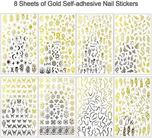 8 Sheets Gold Snake Nail Stickers 3D Bronzing Rose Eyes Heart Nail Art Decorations Self-Adhesive Stickers for Acrylic Nail Art Decals Women Nail Accessories Nail Supplies - Image 2