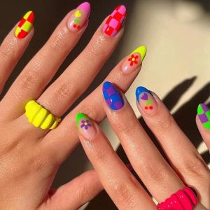 Medium Almond Full Cover Press On Nails Colorful Chessboard Design for Women