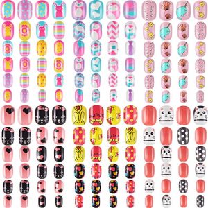 144 Pieces Children Nails Kids False Nails Girls Cartoon Press on Fake Nails Colorful Pre Glue Full Cover Nails Glitter Gradient Cute Short Acrylic Artificial Nail Tips Kits for Kids (Animal)