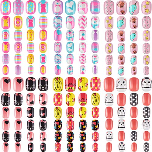 144 Pieces Children Nails Kids False Nails Girls Cartoon Press on Fake Nails Colorful Pre Glue Full Cover Nails Glitter Gradient Cute Short Acrylic Artificial Nail Tips Kits for Kids (Animal)
