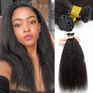 20Inch I Tip Hair Extensions Kinky Straight for Black Women Cold Fusion Remy Hair Bundles Pre Bonded Keratin Stick In Hair Extensions Long Curly for Black Women 50g/50s Curly Tip In Hair Extensions