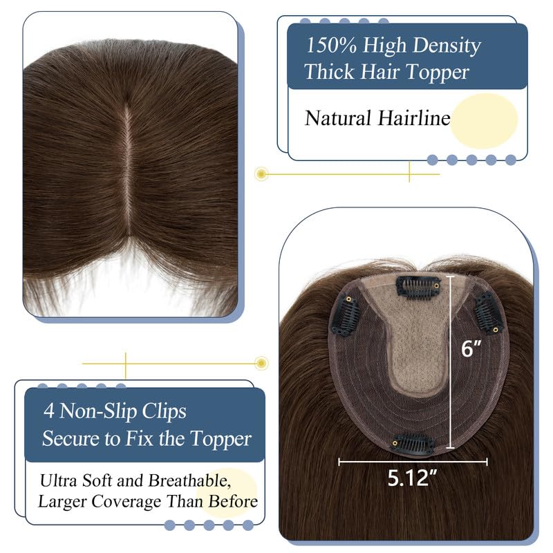 TESS 12 Inch Chocolate Brown 100% Human Hair Topper for Thinning Hair, 150% Density - Image 3
