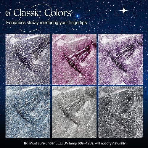 ROSALIND Glitter Gel Nail Polish Set, 6 PCS Reflective Glitter Gel Polish Soak off Glitter Gel Pink Sliver Nail Polish Gel Sparkle Blue Purple Glitter Gel Manicure for Women - Image 2