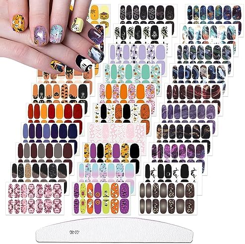 30 Sheets Marbled Halloween Real Nail Polish Strips Stickers with Nail File Halloween Nail Stickers Full Nail Wraps for Women Halloween Nail Art