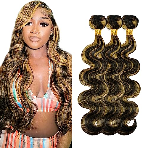 24 26 28 Inch Highlight Human Hair Bundles Blonde Body Wave Bundles Brazilian Two Tone Black Mixed With Honey Blonde Bundles Human Hair Unprocessed Virgin Hair 3 Bundles