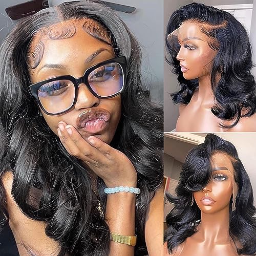 Lace Front Wigs Human Hair Pre Plucked Body Wave Glueless Human Hair Wig 13x4 HD Lace Frontal Wigs Human Hair for Women 180% Density Natural Black 12 Inch