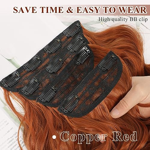 NAYOO 20 Inch Copper Red Long Wavy Clip-In Hair Extensions 4 Piece Thick Set - Image 3