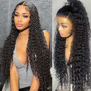 Long Lace Front Wigs Human Hair Pre Plucked 34 Inch 180 Density 13x6 HD Transparent Deep Wave Lace Frontal Wigs Human Hair Natural Color Curly Wigs for Black Women