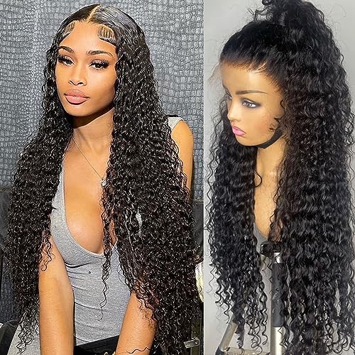 Long Lace Front Wigs Human Hair Pre Plucked 34 Inch 180 Density 13x6 HD Transparent Deep Wave Lace Frontal Wigs Human Hair Natural Color Curly Wigs for Black Women