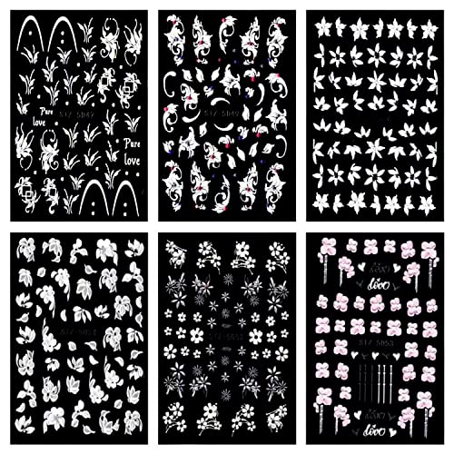6 Sheets White Flower Nail Art Stickers 5D Nail Art Decals Acrylic Nail Art Supplies Embossed Engraved White Floral Design for Women Girl Nail Art DIY Decorations Accessories. - Image 2