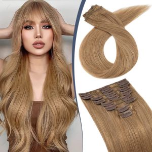 Clip in Hair Extensions,TESS Clip in Human Hair Extensions,clip in hair extensions 100% real human hair,Double Weft Hair Extensions Clip in Human Hair 8pcs 18 Clips,#27 Dark Blonde 55g 12 Inch