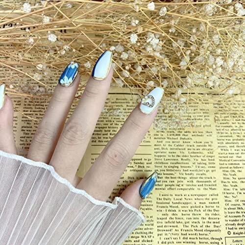 Magrace Handmade Press on Nails Short Fake Nails Square Stick on Nails for Women Gel UV Finish Handmade Nail Art with Design 10 pcs (Small (Pack of 10), blue glitter - Image 2