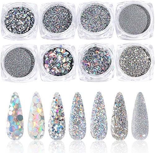 KISSBUTY Holographic Nail Art Glitter Kit 8 Boxes Shining Sequins Flakes
