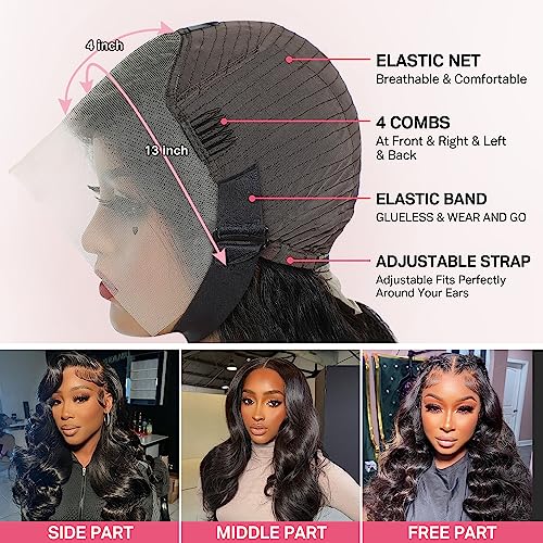13x4 Body Wave Lace Front Wigs Human Hair,180% Density Lace Front Wigs Human Hair for Women Glueless Wigs Human Hair Pre Plucked Natural Hairline Baby Hair HD Lace Natural 20 inch - Image 4