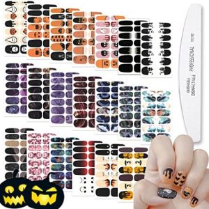 WOKOTO 20 Sheets Halloween Black Gradient Nail Polish Strips Nail Stickers Full Nail Wraps Kit with Nail File Pumpkin Bat Ghost Witch Spider Halloween Nail Polish Stickers Wraps for Women Girls