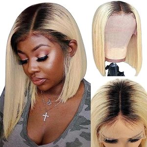 Ombre Blonde Dark Root Lace Front Bob Wig Pre Plucked Sexy Straight Virgin Real Human Hair Closure Wigs Invisible Headline for Women 13x1x4 Lace Frontal Bob Glueless 1B613 Colored 16 inch